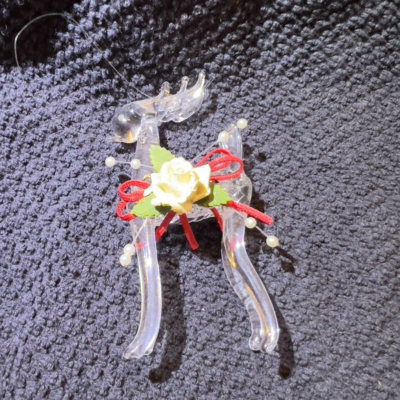 Handblown Clear Glass Rose Rudolph Reindeer Christmas Ornament 3.5x2in - Picture 7 of 10